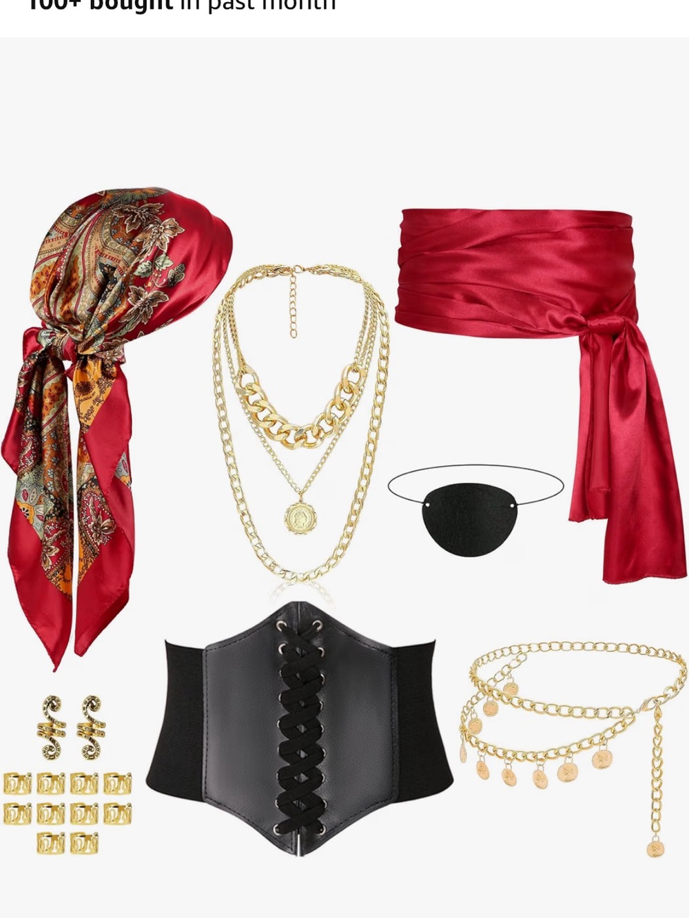 Women’s Red Satin Headscarf and Sash with Gold Jewelry Set